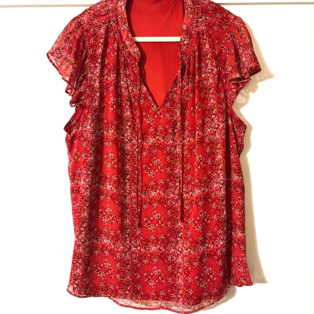 Coral Floral Ruffle Sleeve Top XL